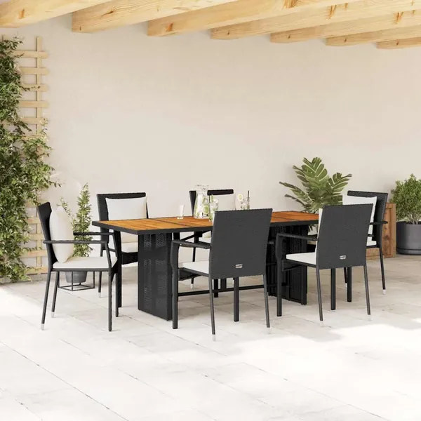 Ensemble à manger de jardin coussins 7pcs Noir Résine tressée