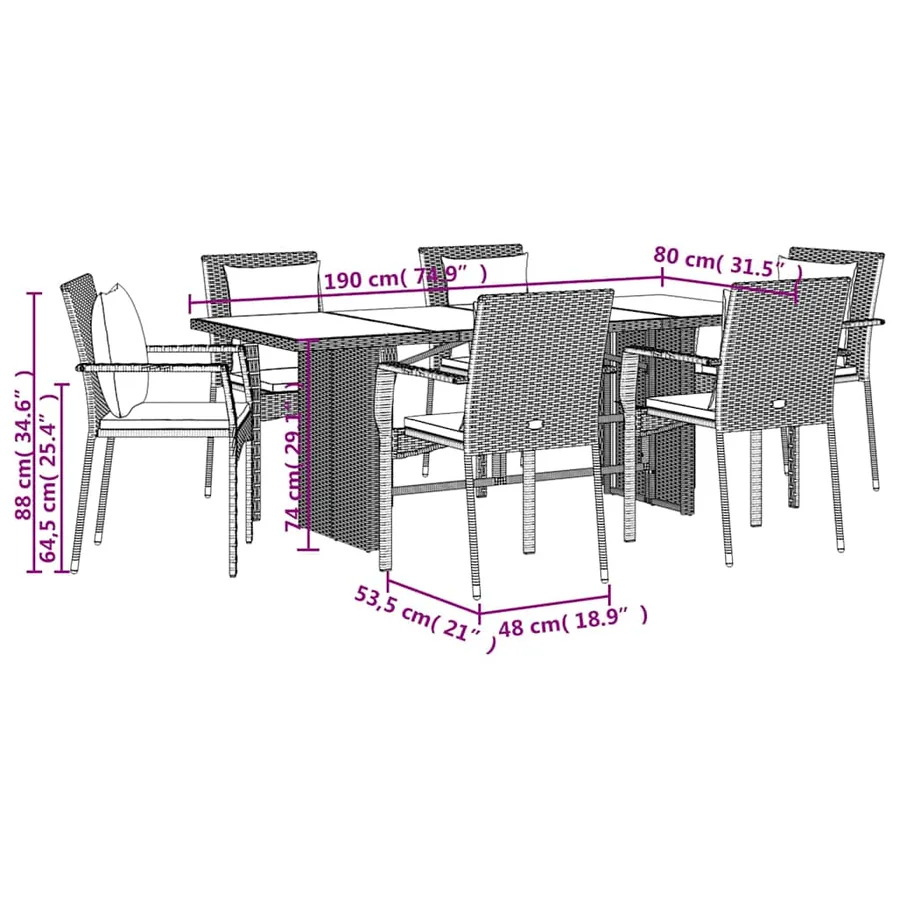 Ensemble à manger de jardin coussins 7pcs Noir Résine tressée - 7