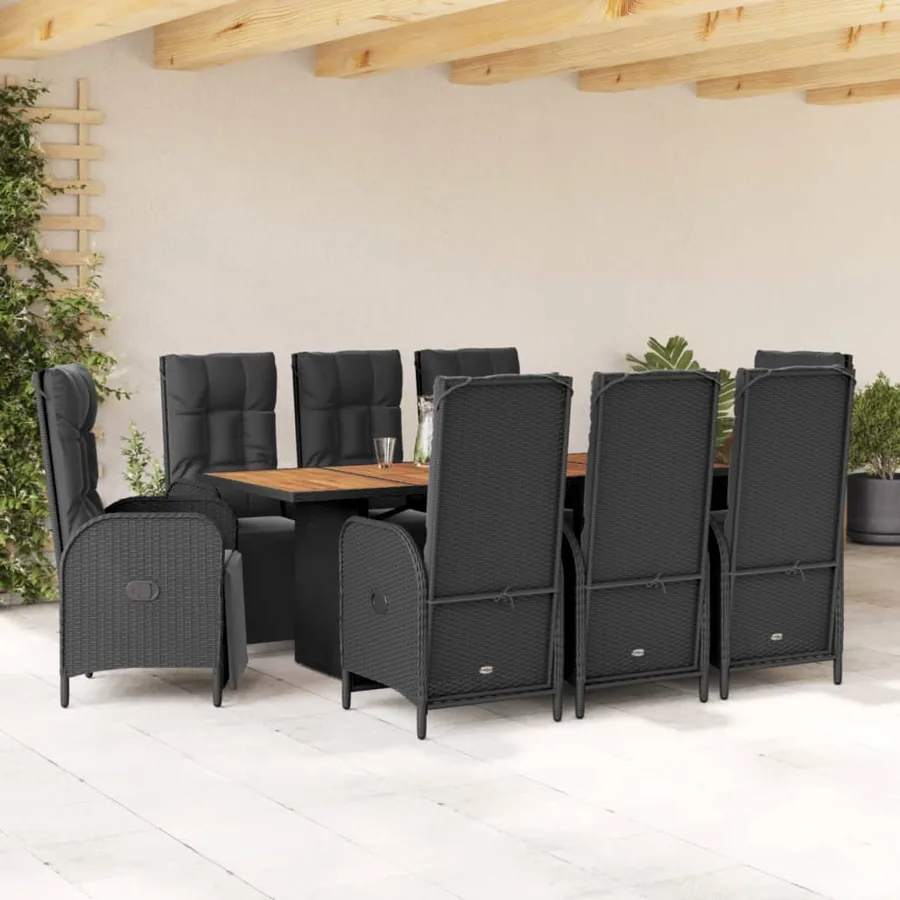 Ensemble à manger de jardin 9pcs coussins noir résine tressée