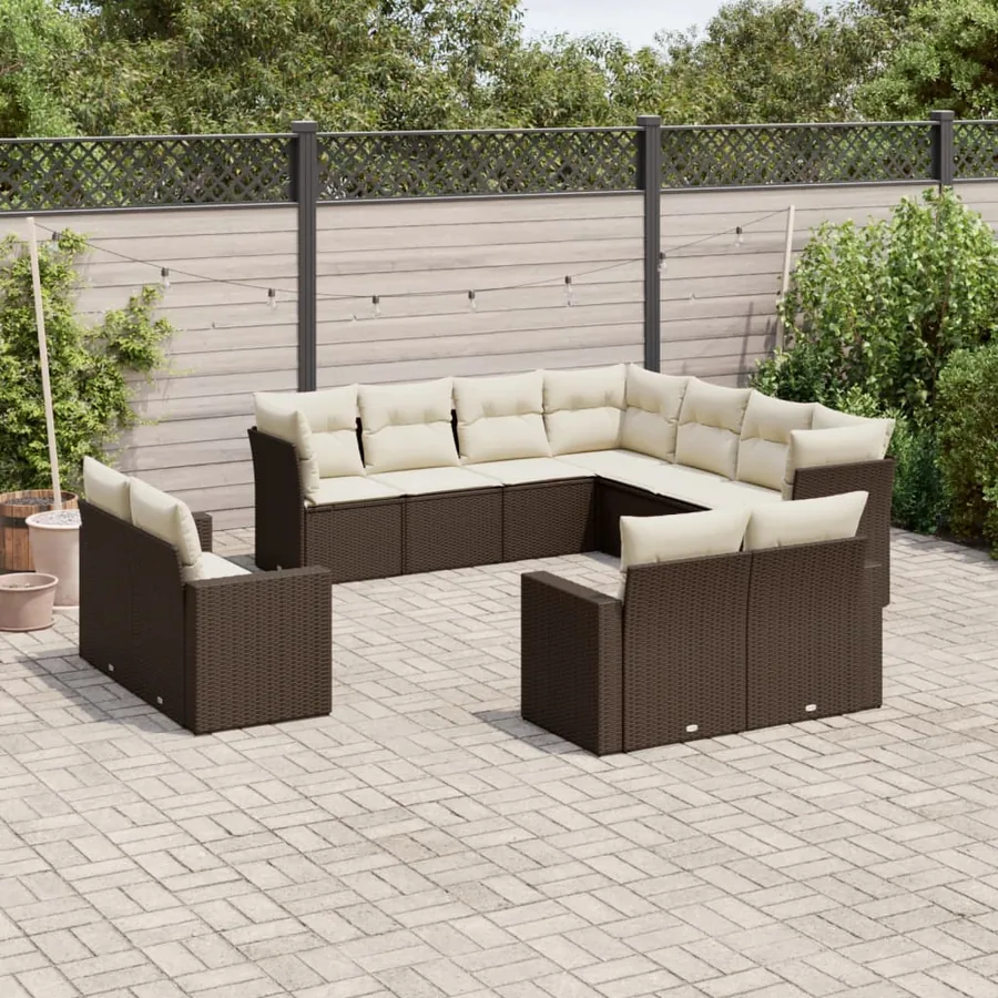Salon de jardin et coussins 11 pcs marron résine tressée