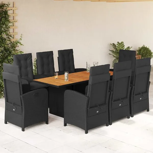 Ensemble à manger de jardin 9pcs coussins noir résine tressée