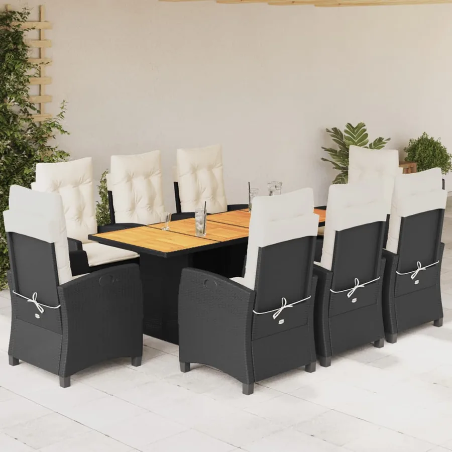 Ensemble à manger de jardin 9pcs coussins noir résine tressée