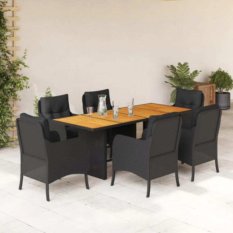Ensemble à manger de jardin coussins 7pcs Noir Résine tressée