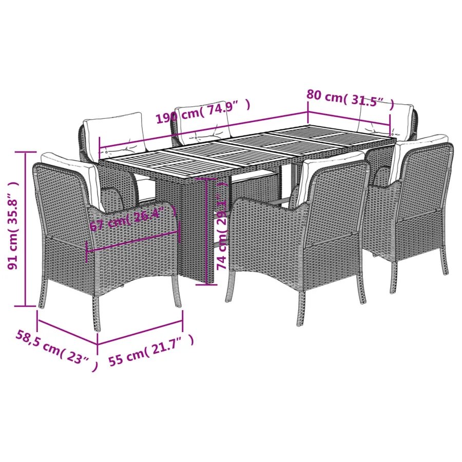 Ensemble à manger de jardin coussins 7pcs Noir Résine tressée - 7