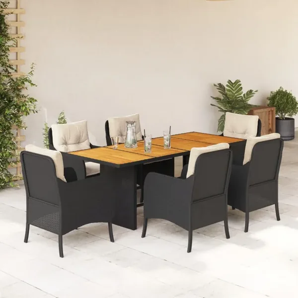 Ensemble à manger de jardin coussins 7pcs Noir Résine tressée