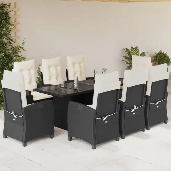 Ensemble à manger de jardin 9pcs coussins noir résine tressée