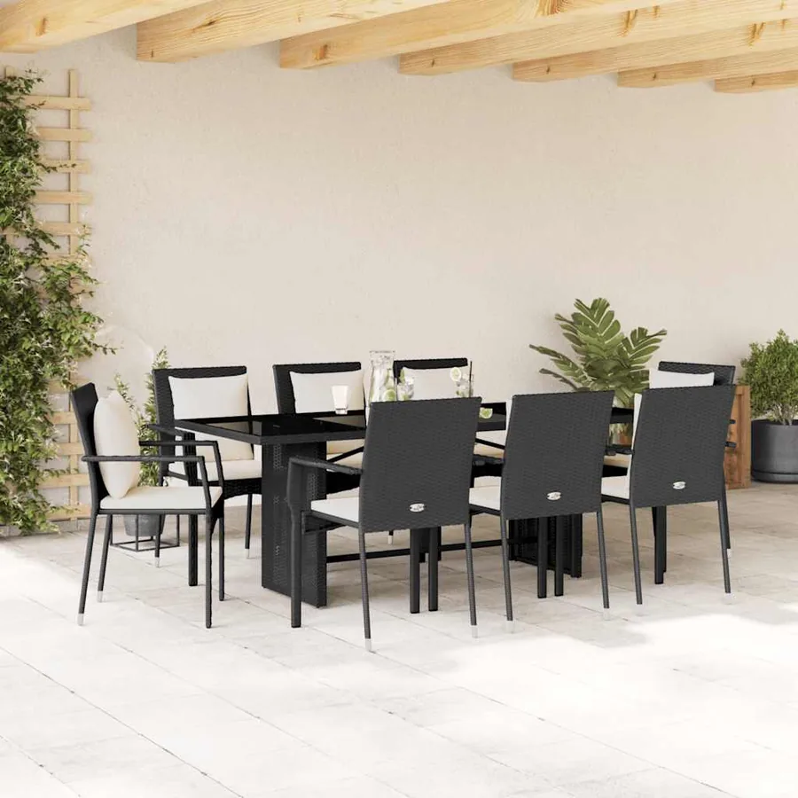 Ensemble à manger de jardin 9pcs coussins noir résine tressée