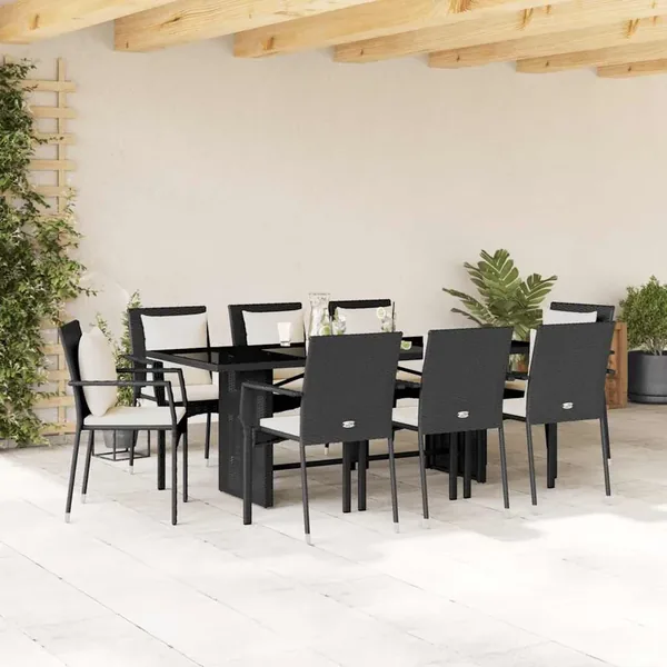 Ensemble à manger de jardin 9pcs coussins noir résine tressée