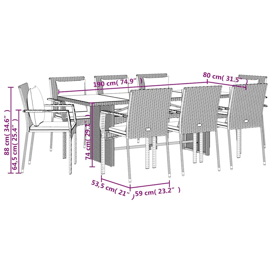 Ensemble à manger de jardin 9pcs coussins noir résine tressée - 7