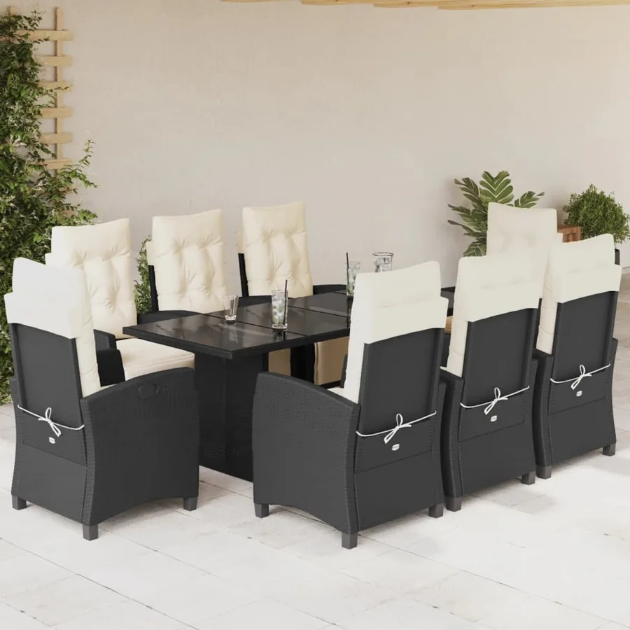 Ensemble à manger de jardin 9pcs coussins noir résine tressée