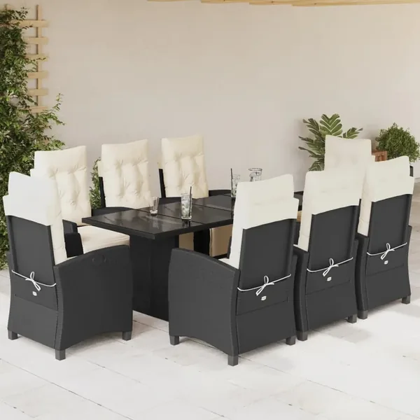 Ensemble à manger de jardin 9pcs coussins noir résine tressée