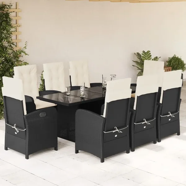 Ensemble à manger de jardin 9pcs coussins noir résine tressée