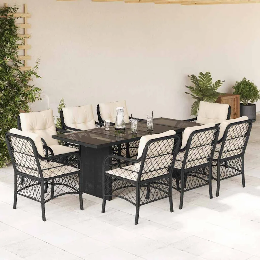 Ensemble à manger de jardin 9pcs coussins noir résine tressée