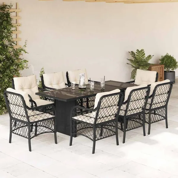 Ensemble à manger de jardin 9pcs coussins noir résine tressée