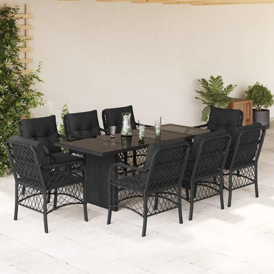 Ensemble à manger de jardin 9pcs coussins noir résine tressée
