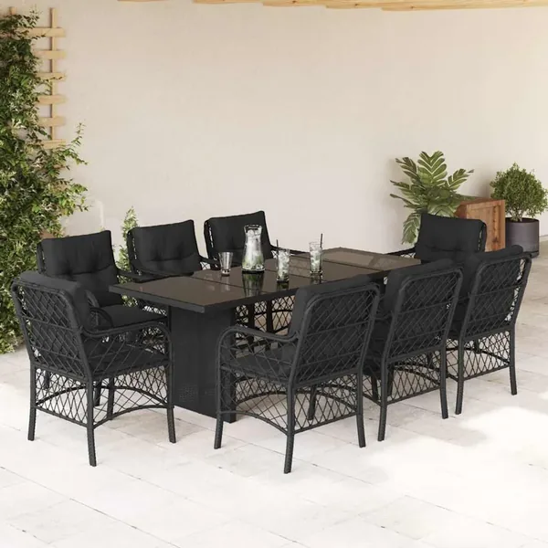 Ensemble à manger de jardin 9pcs coussins noir résine tressée