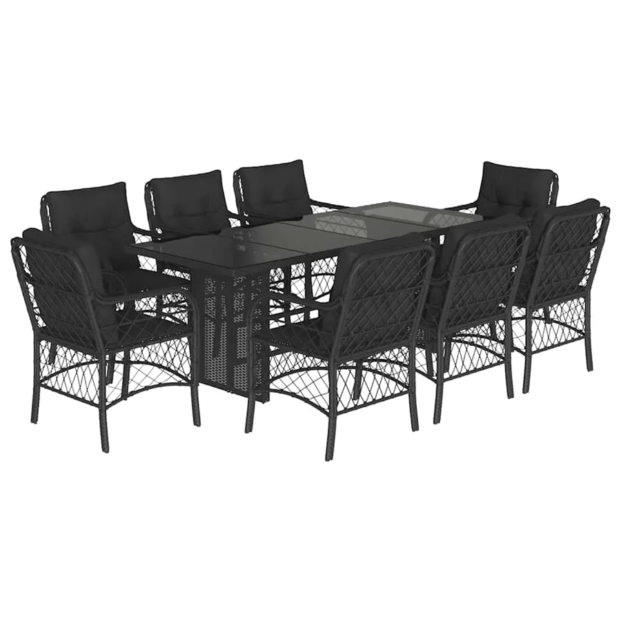 Ensemble à manger de jardin 9pcs coussins noir résine tressée - 2