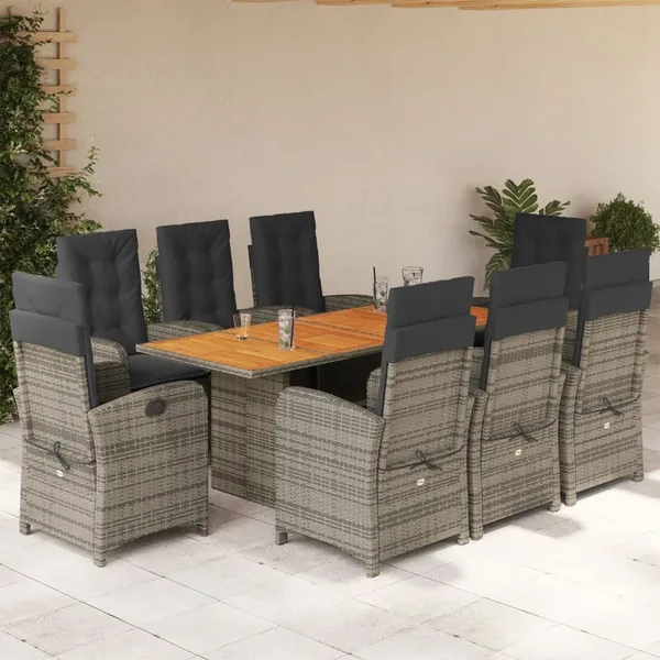 Ensemble à manger de jardin 9 pcs coussins gris résine tressée