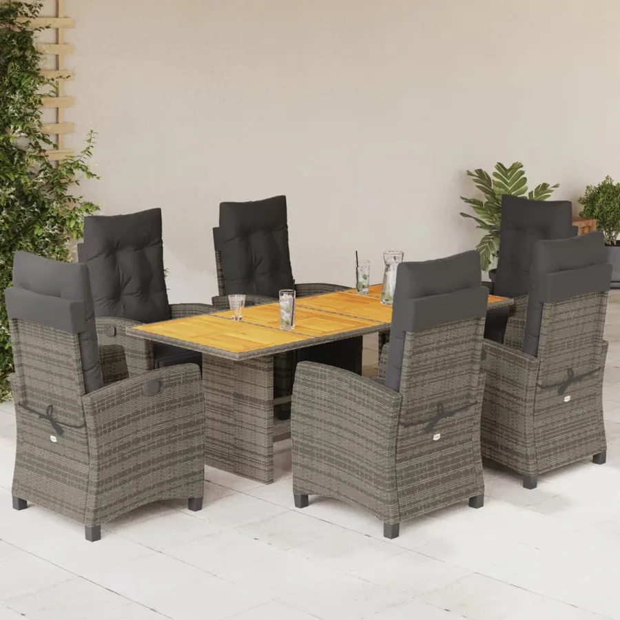 Ensemble à manger de jardin et coussins 7 pcs gris rotin