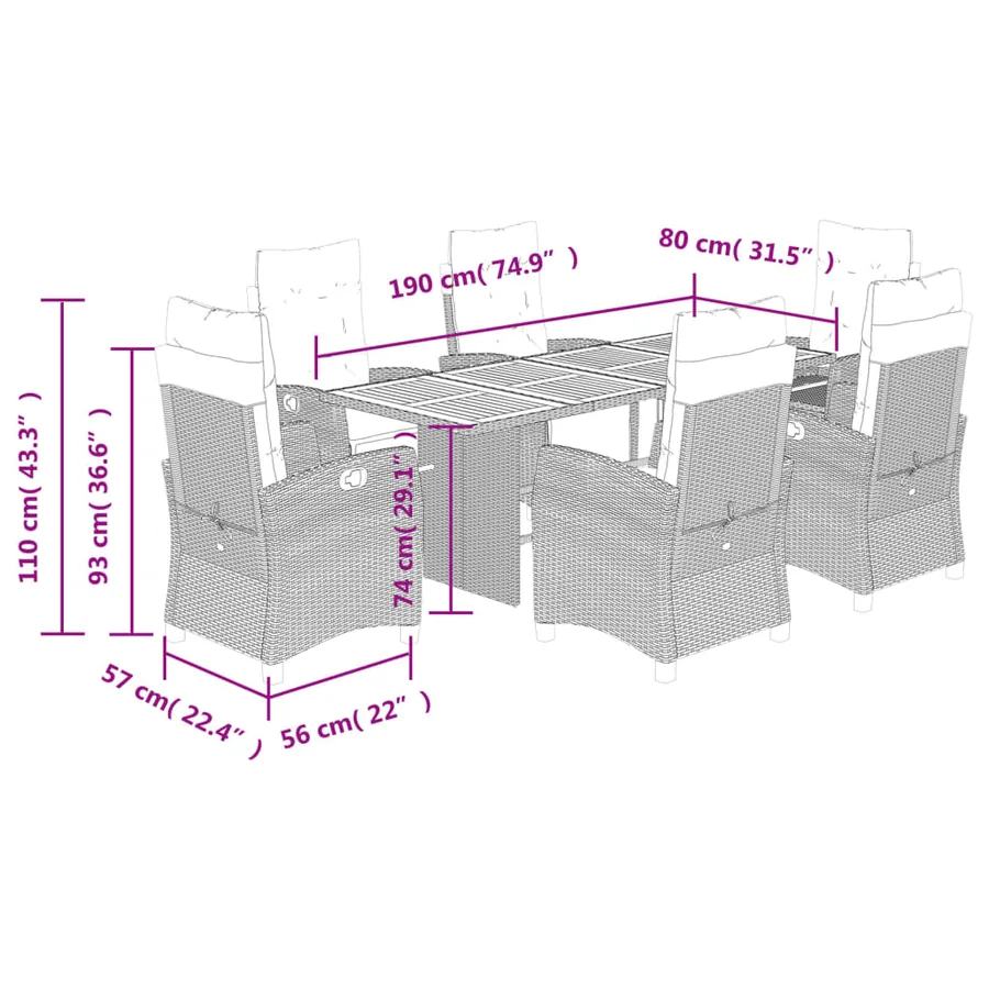 Ensemble à manger de jardin et coussins 7 pcs gris rotin - 9
