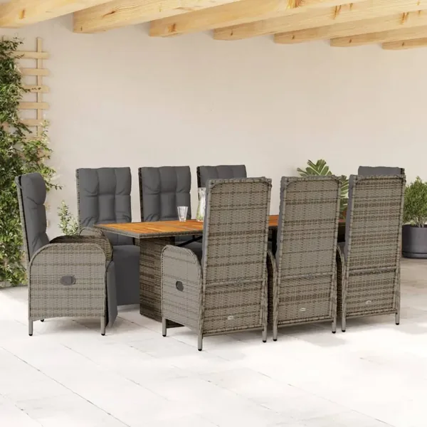 Ensemble à manger de jardin 9 pcs coussins gris résine tressée