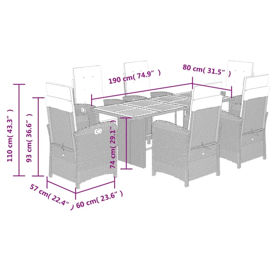 Ensemble à manger de jardin et coussins 7 pcs gris rotin - 9
