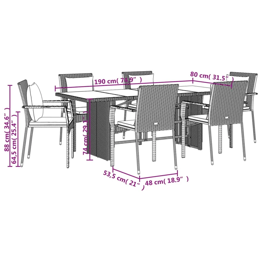 Ensemble à manger de jardin et coussins 7 pcs gris rotin - 7