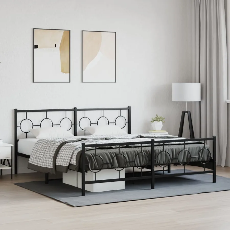 Cadre de lit métal sans matelas avec pied de lit noir 183x213cm
