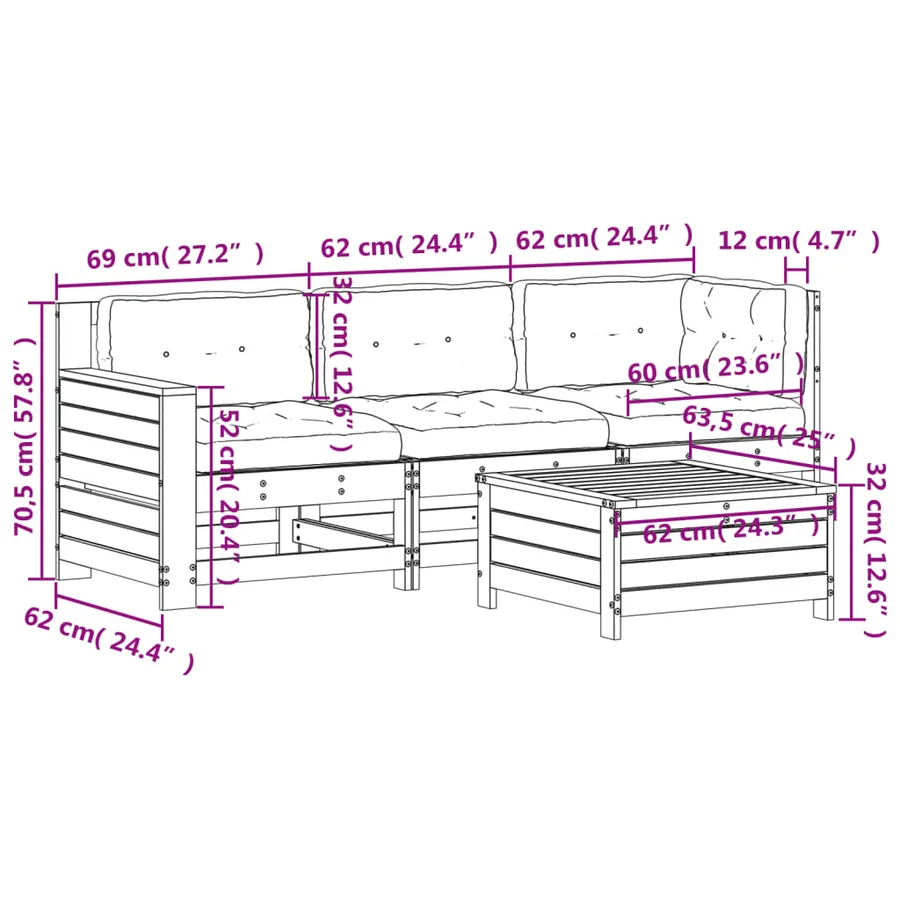 Salon de jardin 4 pcs avec coussins bois de pin imprégné - 12