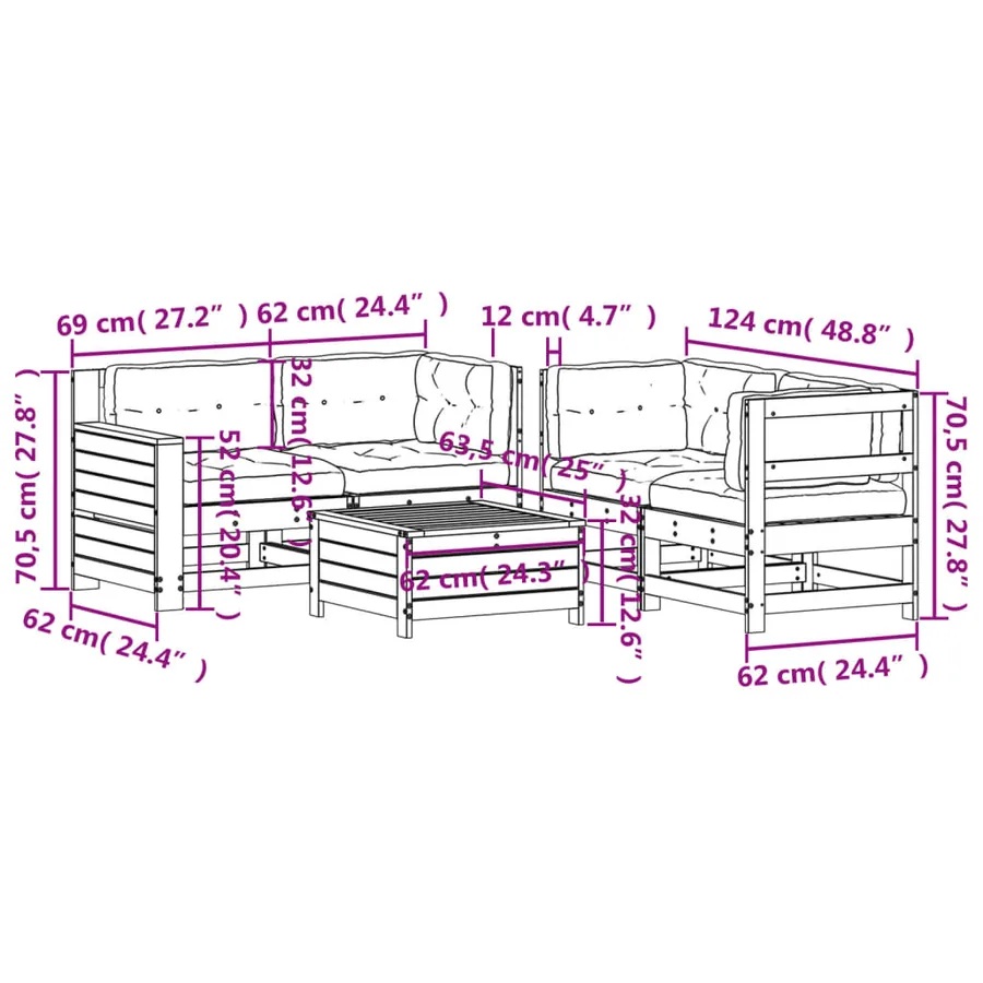 Salon de jardin 5 pcs avec coussins bois de pin imprégné - 11