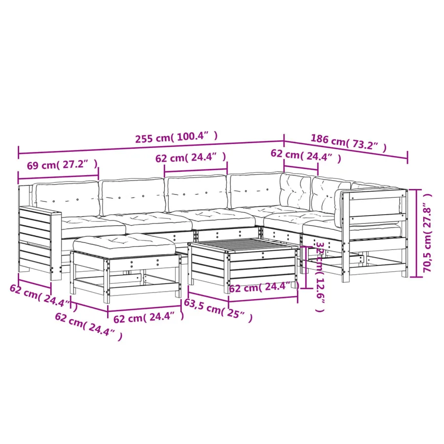 Salon de jardin avec coussins 8 pcs blanc bois de pin massif - 12