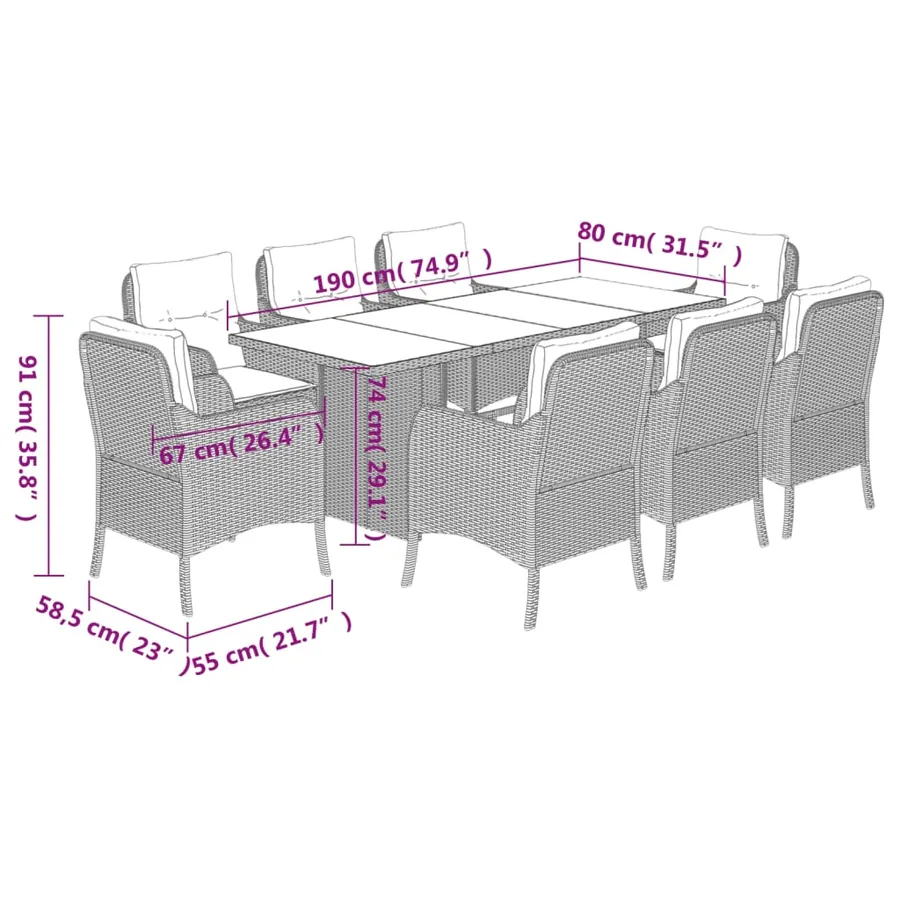 Ensemble à manger de jardin et coussins 9 pcs beige Poly rotin - 7
