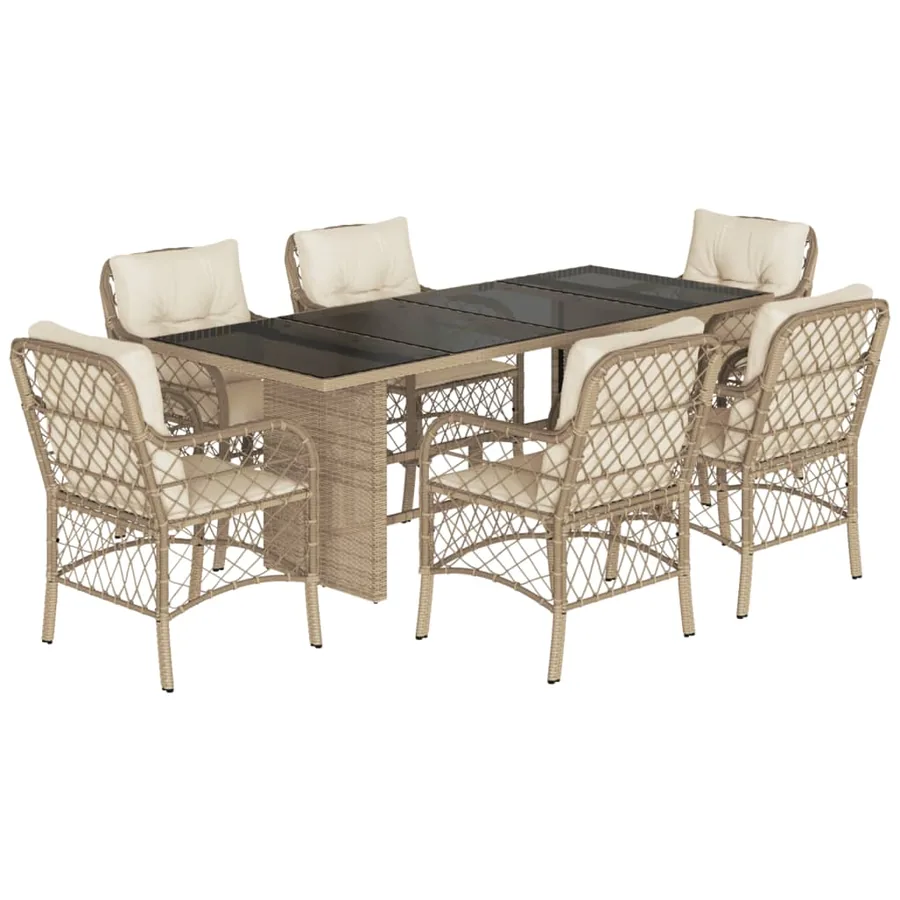Ensemble à manger de jardin et coussins 7 pcs beige poly rotin - 2