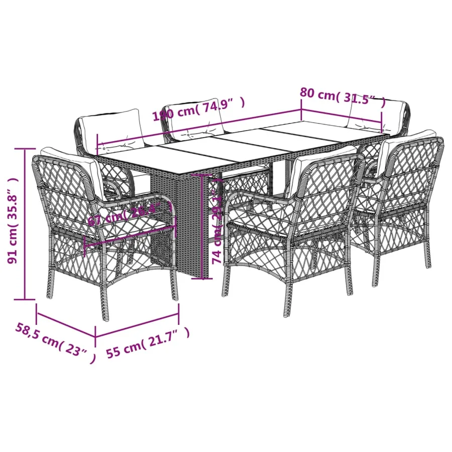 Ensemble à manger de jardin et coussins 7 pcs beige poly rotin - 7
