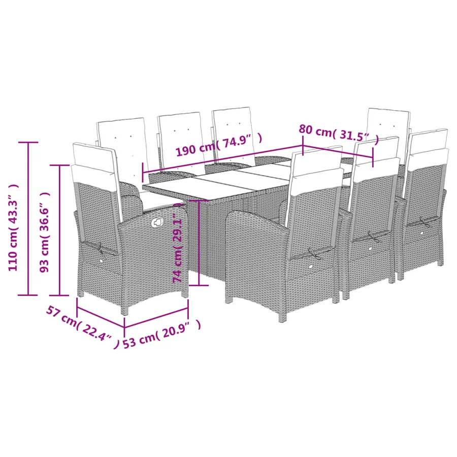 Ensemble à manger de jardin et coussins 9 pcs beige Poly rotin - 9