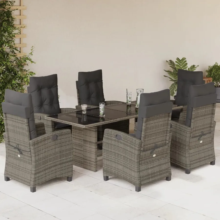 Ensemble à manger de jardin et coussins 7 pcs gris rotin
