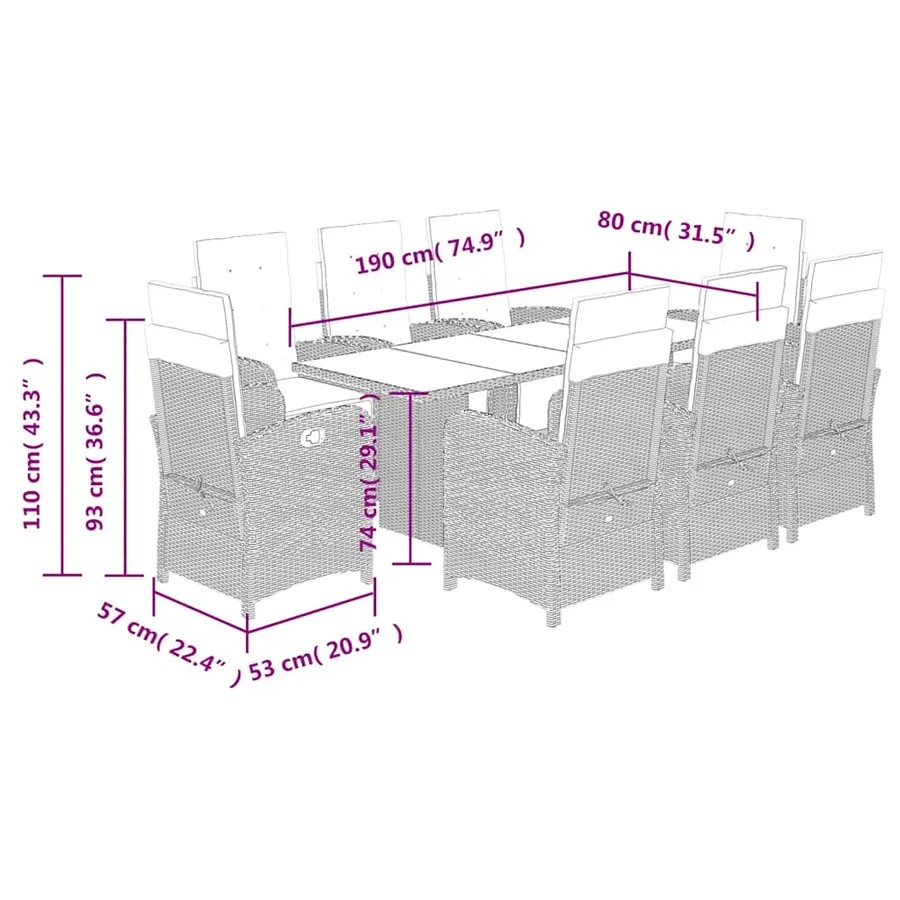 Ensemble à manger de jardin et coussins 9 pcs beige Poly rotin - 9
