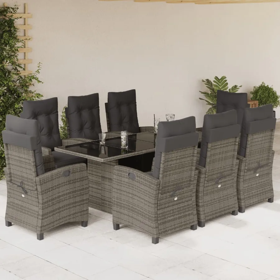 Ensemble à manger de jardin 9 pcs coussins gris résine tressée