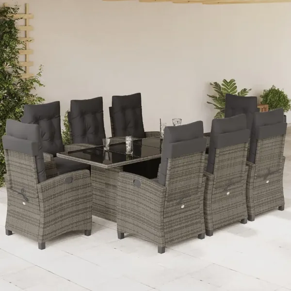 Ensemble à manger de jardin 9 pcs coussins gris résine tressée