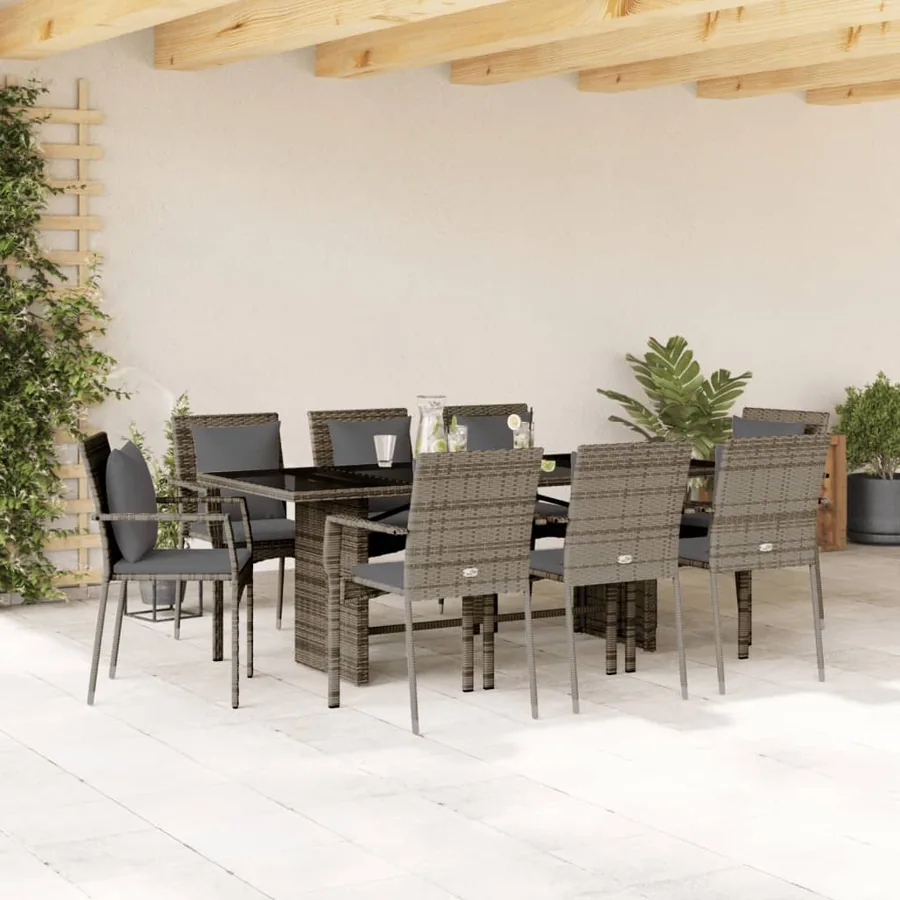 Ensemble à manger de jardin 9 pcs coussins gris résine tressée