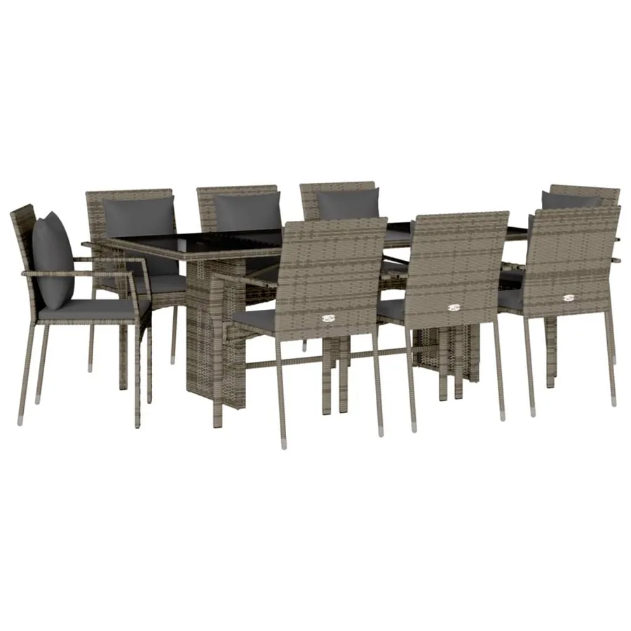 Ensemble à manger de jardin 9 pcs coussins gris résine tressée - 2