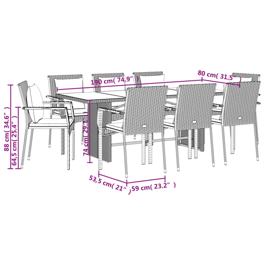 Ensemble à manger de jardin 9 pcs coussins gris résine tressée - 7