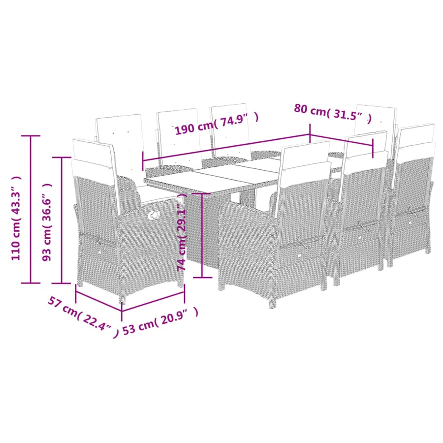 Ensemble à manger de jardin et coussins 9 pcs beige Poly rotin - 9
