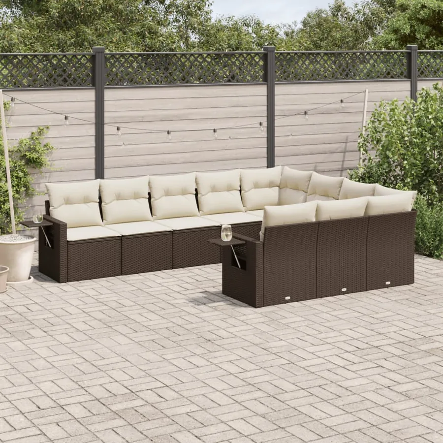 Salon de jardin 10 pcs avec coussins marron résine tressée