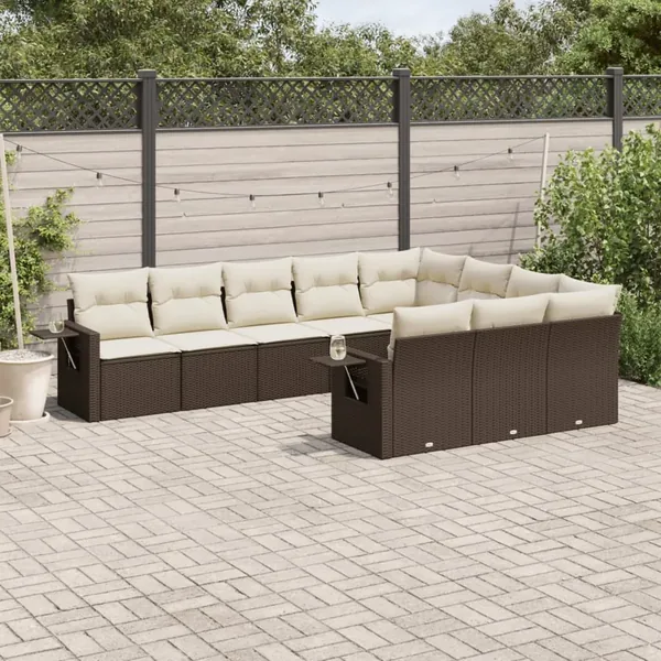 Salon de jardin 10 pcs avec coussins marron résine tressée