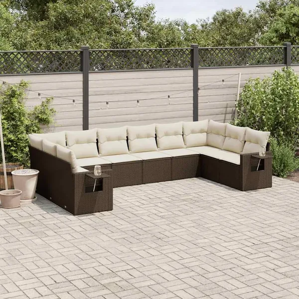 Salon de jardin 10 pcs avec coussins marron résine tressée