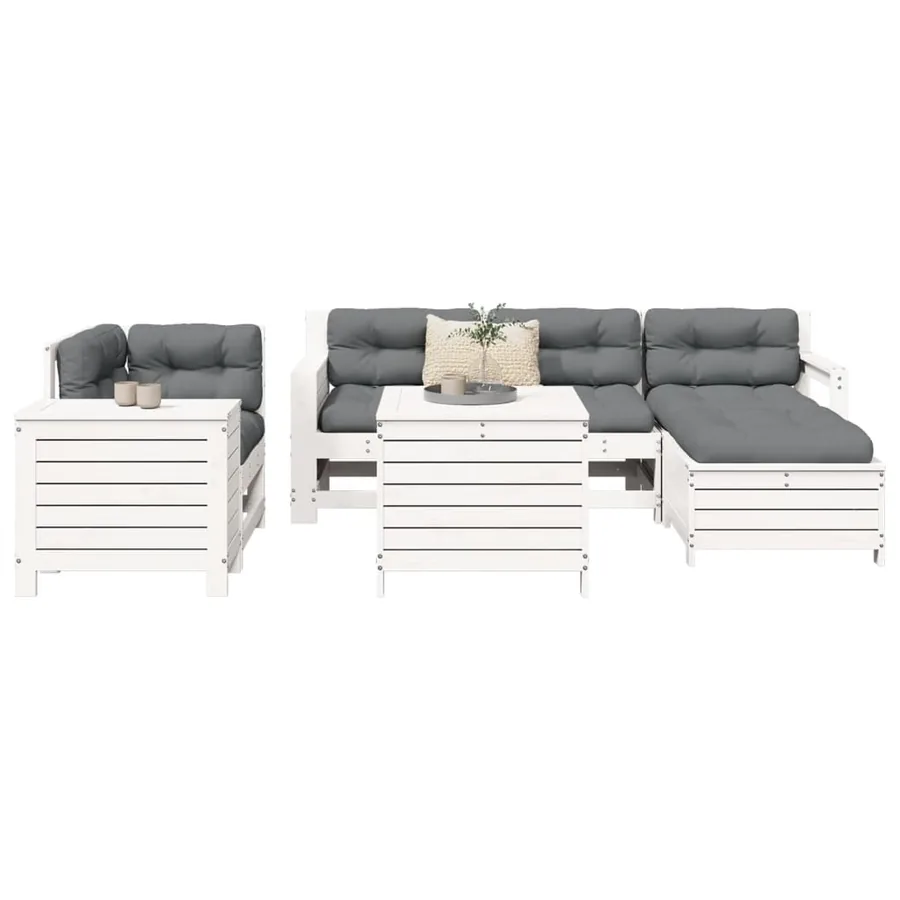 Salon de jardin 7 pcs blanc bois de pin massif