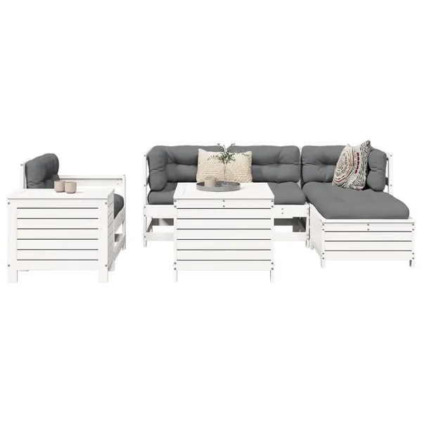 Salon de jardin 7 pcs blanc bois de pin massif