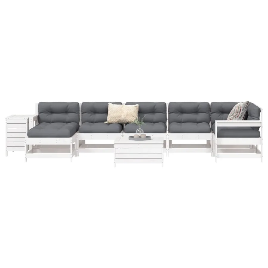 Salon de jardin 9 pcs blanc bois de pin massif