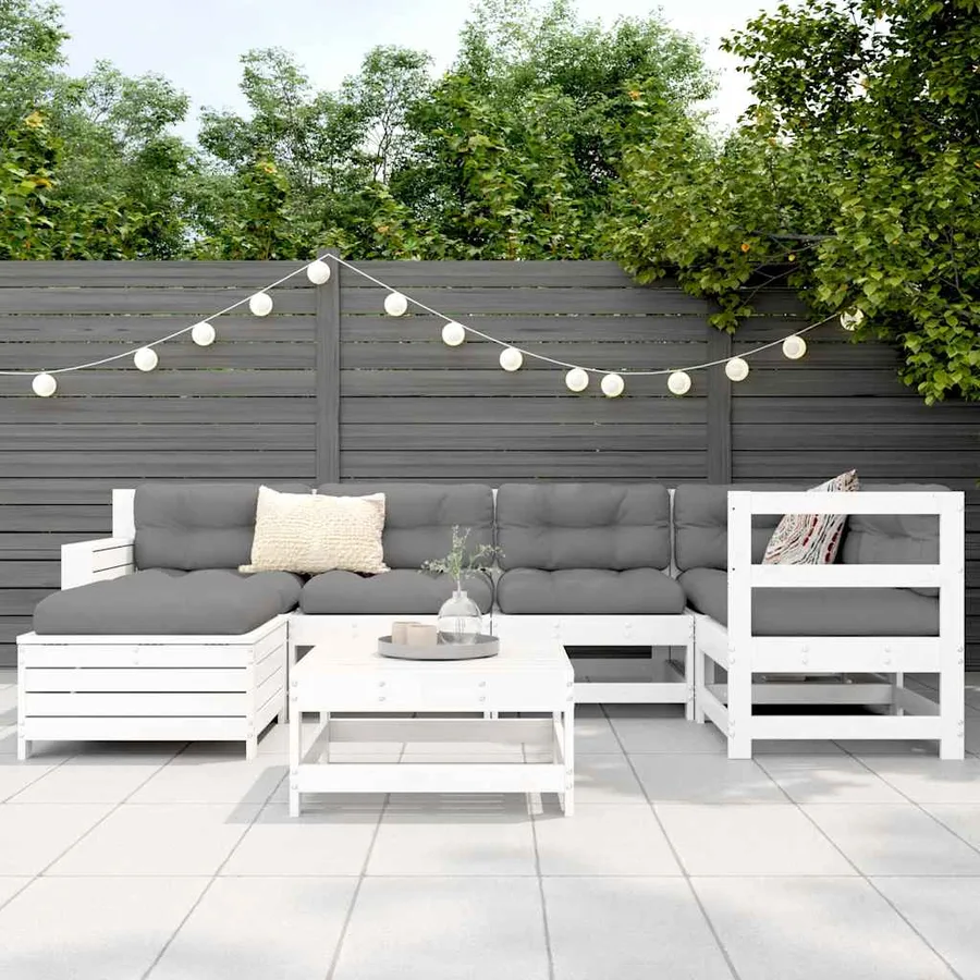 Salon de jardin 7 pcs blanc bois de pin massif - 3